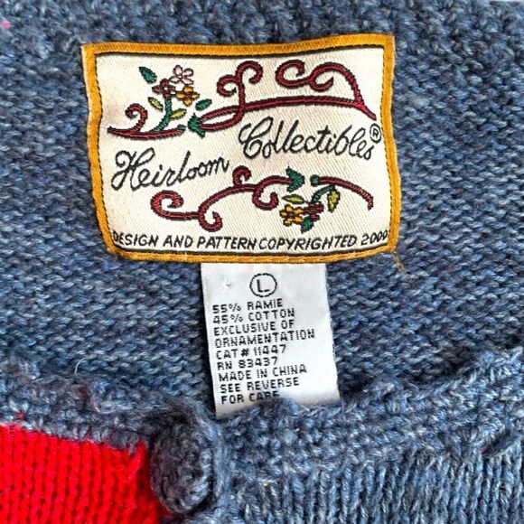 Vintage 90s Red Navy Blue Cardigan Round Neck Heart Floral Bright Pattern Knit - Picture 9 of 12